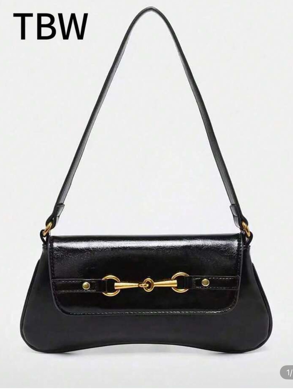 Black Leather Shoulder Bag With Gold Horsebit Accent